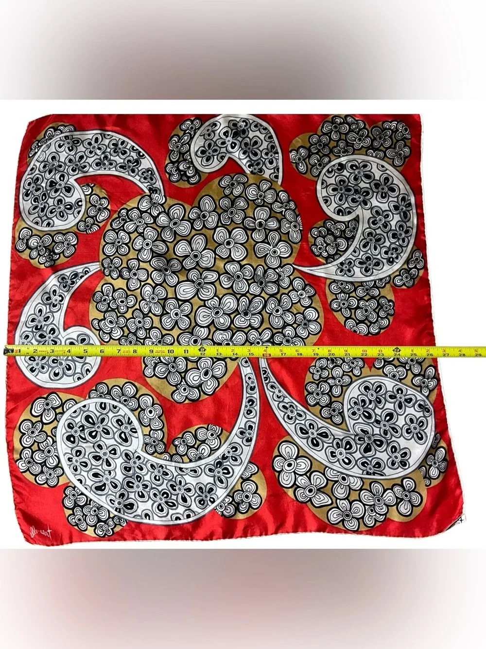 Vintage Tres-Elle 100% Silk Scarf Japan Red Mod Floral Paisley 26” Square